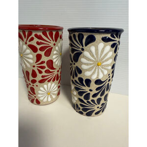 Lot of 2 Venegas Beige Red Blue Floral Ceramic Vases One Size Handmade Mexico